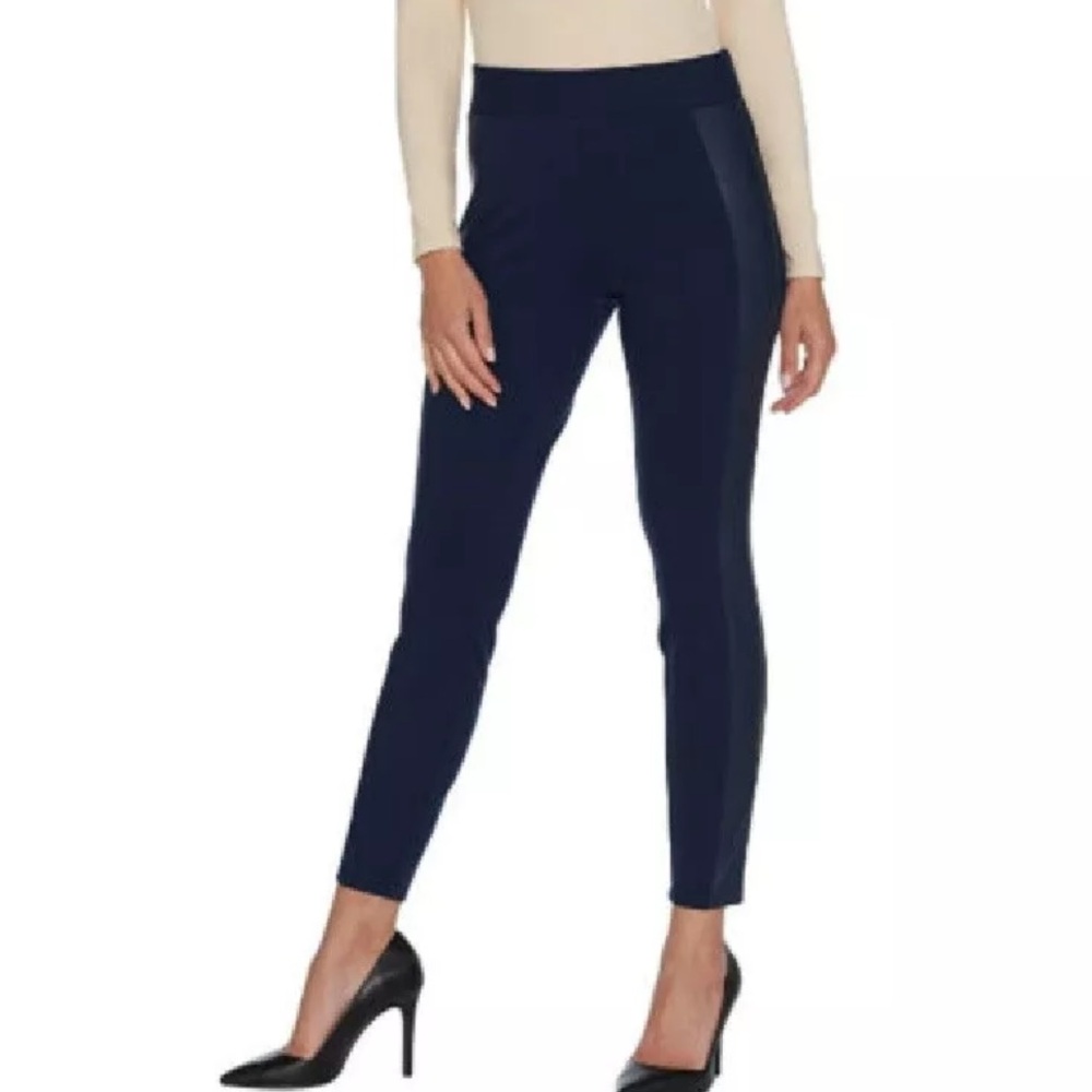 New H by Halston 16 Petite Leggings Faux Leather Details Navy Slim Fit Pants